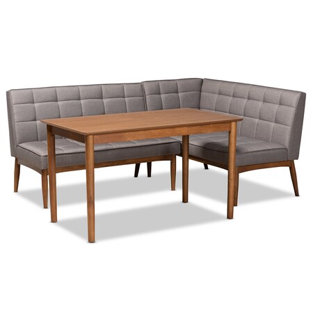 Baxton Studio Sanford Mid-Century Modern Grey Fabric and Walnut Brown Finished Wood 3-Piece Dining Nook Set 184-11340-9305-Zoro